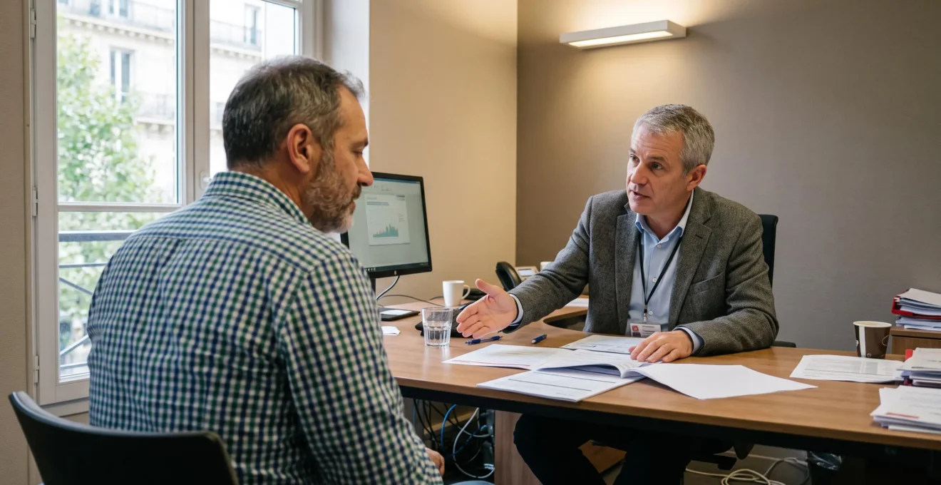 Un client discute de son épargne avec un conseiller dans une agence bancaire.