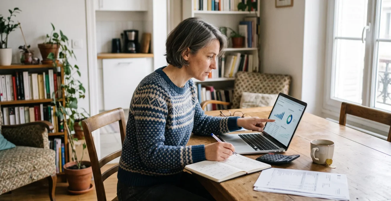 Une femme examine son portefeuille d'investissement sur un ordinateur portable chez elle.