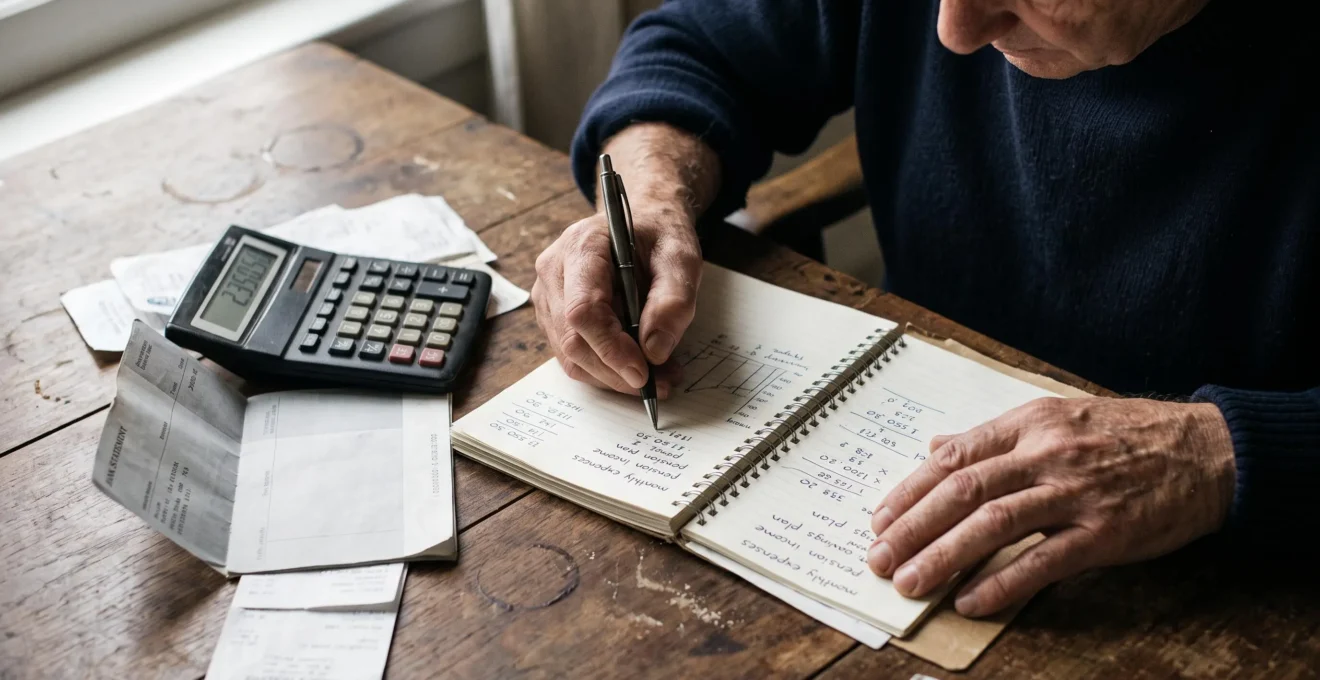 Des mains calculent des versements dans un carnet près de relevés bancaires.